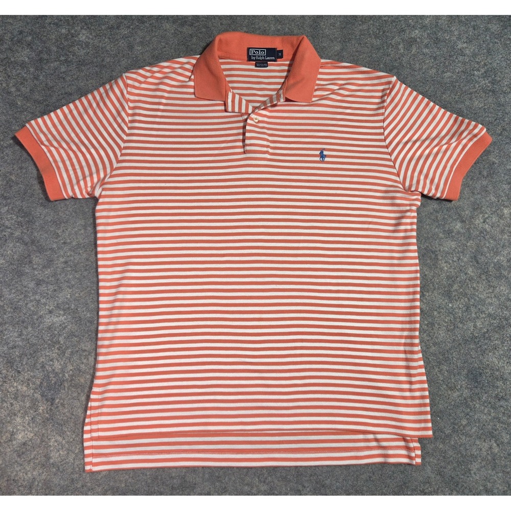 Polo Ralph Lauren Mens Orange White Striped Short Sleeve Polo Shirt Size Medium